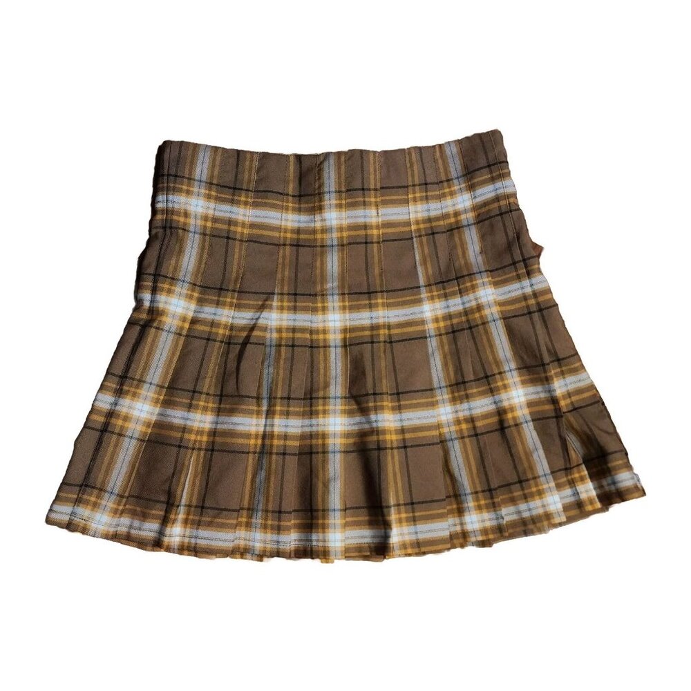 NO BOUNDARIES Brown White Plaid Pleated Skirt Juniors Size‎ M Medium 7-9
